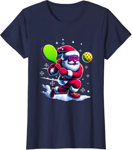 Vista 30 de Pickle Ball Navidad Santa Deporte Jugador Padel Raqueta Snow Camiseta Negro