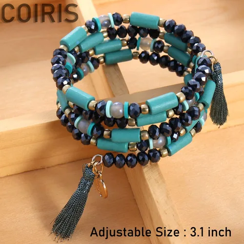 Vista 7 de Coiris Pulseras de declaración de cuentas de múltiples hebras pulseras versátiles Boho encanto borla apilable cuentas pulseras elásticas de cuerda