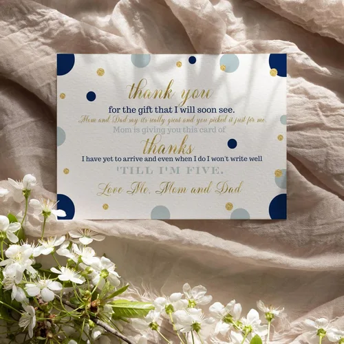 Vista 7 de Paper Clever Party Tarjetas de agradecimiento para baby shower azul marino y dorado con sobres, notas en blanco con mensaje precargado para niños