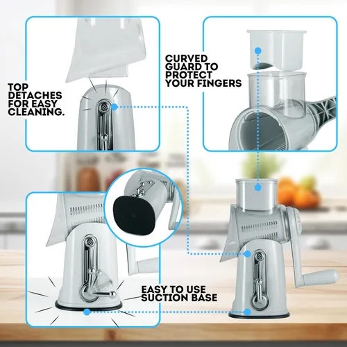 Vista 3 de Rallador de queso giratorio 5 en 1 con asa, cuchillas de acero inoxidable, cortador de verduras, triturador, rallador de zanahorias y repollo