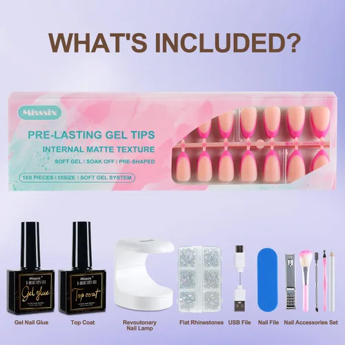 Vista 4 de Misssix Uñas postizas a presión con punta francesa, 150 piezas de puntas de uñas de gel francés, uñas postizas de gel suave de almendra media, kit