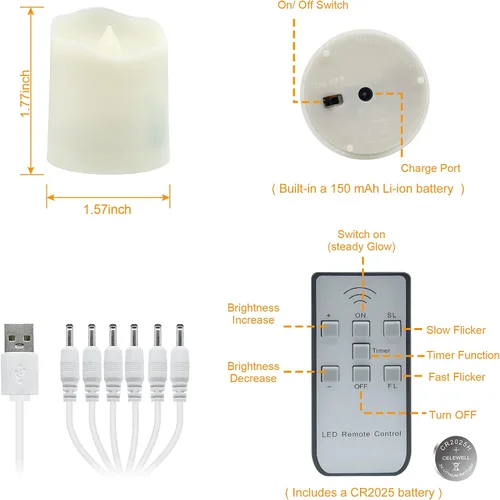 Vista 7 de Daord Velas de té recargables LED USB sin llama, velas votivas blancas cálidas con control remoto, velas parpadeantes con pilas para decoración