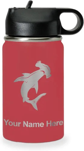 Vista 27 de LaserGram Botella de agua personalizada, tiburón martillo, acero inoxidable de doble pared aislada al vacío con popote superior, regalo grabado