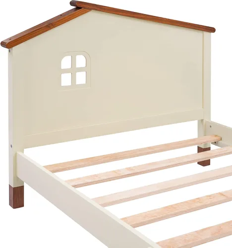 Vista 8 de Cama de plataforma de madera de tamaño individual con cabecera en forma de casa, soporte de listones de madera, para dormitorio de niños, niñas