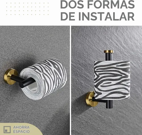 Vista 4 de Angle Simple Soporte de papel higiénico negro y dorado, percha de rollo