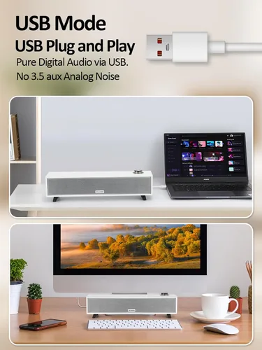 Vista 4 de Altavoces de computadora, barra de sonido de computadora de 10 W, altavoces de PC alimentados por USB, Bluetooth 5.0 y altavoces de entrada RCA