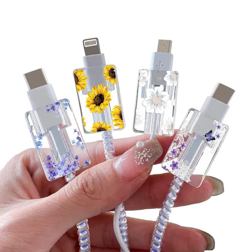 Vista 28 de Bonito protector de cable floral para cargador de iPhone, patrón de lavanda, camelia, girasol, ramo de flores, encaje, cerezo en flor, set de 6