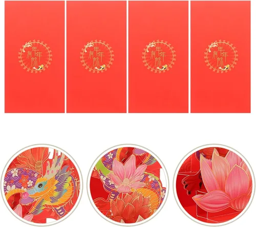 Vista 9 de Vaguelly Sobres rojos de año nuevo 3D 2024, 4 unidades, loto chino, carácter, año del dragón, Fengshui, Fortuna, sobre Hong Bao Lucky Money Red