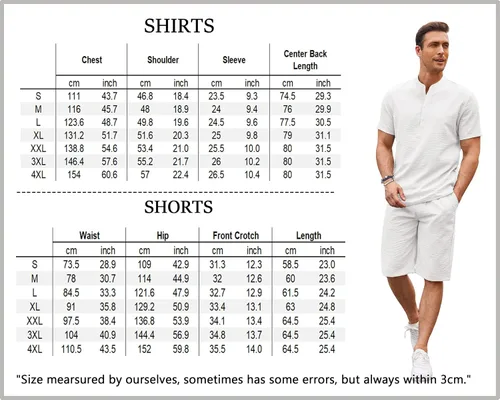Vista 6 de COOFANDY Conjunto de 2 piezas de lino para hombre, camisas Henley casuales de manga corta, pantalones cortos de yoga para playa, pantalones cortos