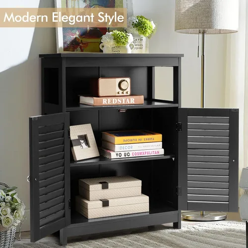 Vista 2 de COSTWAY Armario de almacenamiento para baño, organizador de almacenamiento lateral de madera con puertas de rejilla y estante extraíble, gabinete