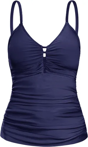 Vista 16 de Ocean Blues Traje de Baño Tankini Retro para Mujer con Fruncido Control de Abdomen Solo Parte Superior del Tankini Negro