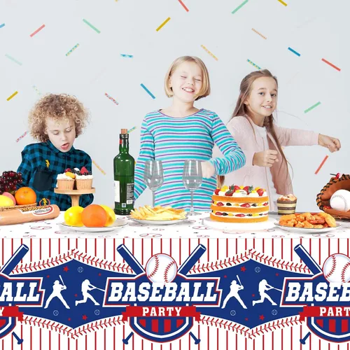 Vista 6 de Newwiee 3 manteles de béisbol de plástico para fiesta de béisbol, mantel deportivo para fiesta de cumpleaños, día del juego, decoración