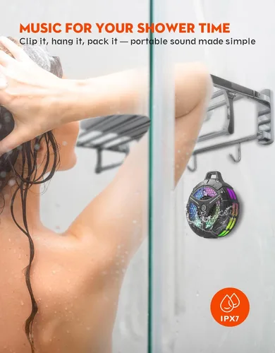 Vista 9 de Altavoz de ducha Bluetooth impermeable, ventosa, pequeños altavoces inalámbricos portátiles IPX7 impermeables para exteriores, sonido estéreo Negro