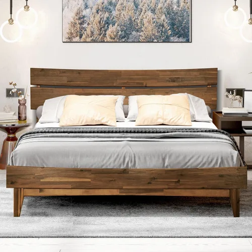 Vista 12 de Acacia Aurora - Marco de cama con cabecero, cama de plataforma de madera 100% maciza, estilo de cama escandinavo con todos los colchones Caramelo