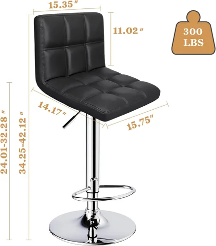 Vista 3 de ERGOSEAT Juego de 2 taburetes de bar ajustables de doble aguja con respaldo de 6 cuadrados, color negro