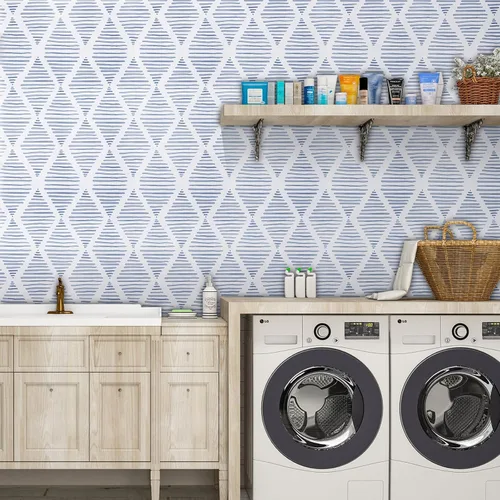 Vista 7 de WENMER Papel tapiz geométrico para despegar y pegar de 17.3 x 118 pulgadas, papel tapiz de rayas azules y blancas, papel de contacto geométrico