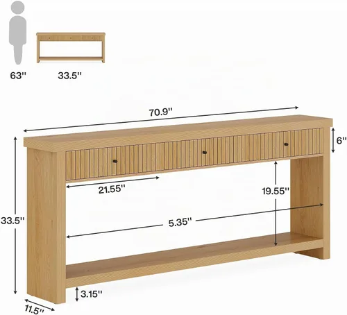 Vista 2 de Tribesigns - Mesa de consola de 70.9 pulgadas con 3 cajones, mesa de entrada extralarga, mesa de sofá de madera con estantes de almacenamiento