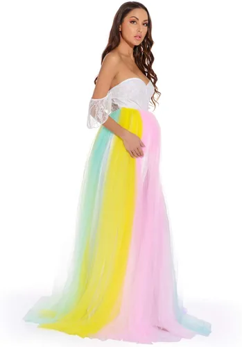 Vista 4 de ZIUMUDY Vestido de tul de maternidad arcoíris para sesión de fotos, vestido de tutú de maternidad, vestido de baby shower, vestido de dama de honor