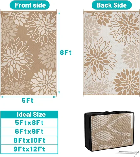 Vista 2 de HEBE Alfombra impermeable para exteriores de 5 x 8 pies para patios, alfombra de paja de plástico reversible floral, alfombra de patio, alfombra
