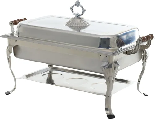 Vista 4 de Adcraft Juego de chafer Lafayette de 8 cuartos con diseño oblongo, asas de madera y accesorios completos para catering y servicio de buffet