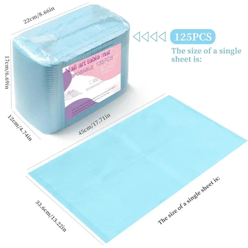 Vista 4 de 125 toallas desechables de papel para uñas acrílicas, 3 capas, plegable, para mesa de uñas, impermeable, hoja de práctica de arte de uñas, Azul