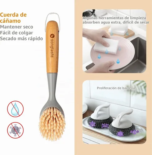 Vista 2 de 2 paquetes de cepillos de cocina con mango de bambú, limpiador de platos con raspador incorporado, cepillo de limpieza para sartenes, ollas