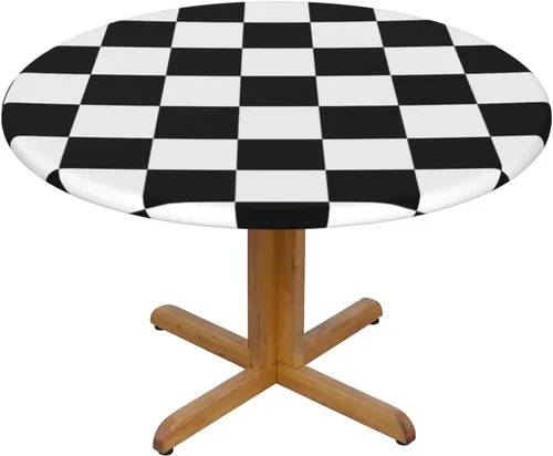 Vista 9 de Fiokroo Mantel con estampado a cuadros blancos y negros con borde elástico, mantel redondo de ajedrez, lavable, reutilizable, para cocina, comedor
