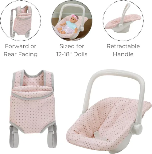 Vista 4 de Olivia's Little World Conjunto de Portabebés y Asiento de Coche de Muñeca Bebé Princesa de Lunares, Rosa/Gris Rosa/Gris