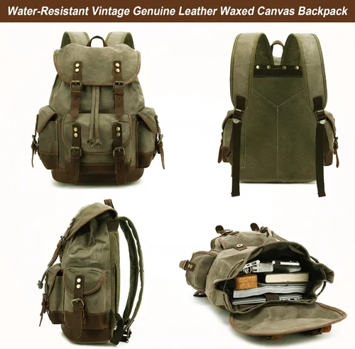 Vista 3 de HuaChen mochila vintage de lona y cuero mochila espaciosa y duradera para hombres y mujeres, perfecta para viajes y vida universitaria, Grande