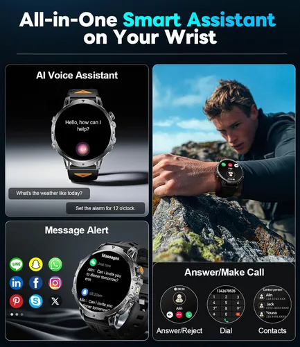 Vista 3 de Reloj inteligente militar para hombre, pantalla grande HD de 1.85 pulgadas, llamada Bluetooth, 1000 mAh, linterna, monitor de sueño de frecuencia