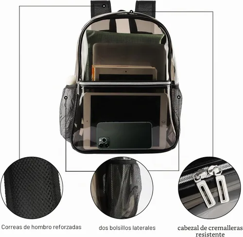 Vista 3 de Mochila Transparente de TPU Resistente para Deportes, Trabajo, Viajes de Seguridad.., Negro, Moda