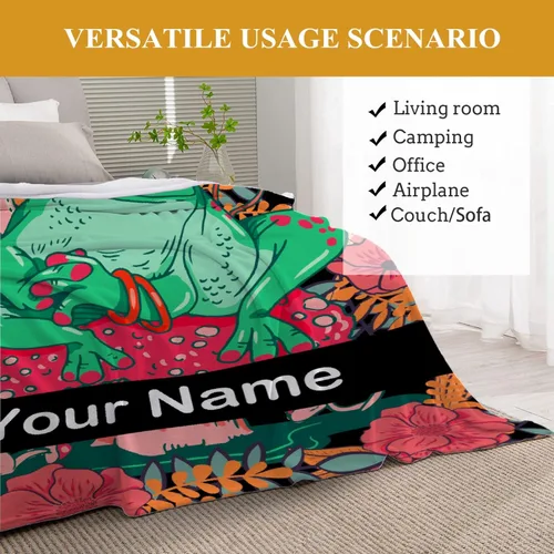 Vista 7 de Anuruddha Manta personalizada con nombre, manta de franela con nombre personalizado de rana floral, esponjosa, acogedora, manta de hongo y rana
