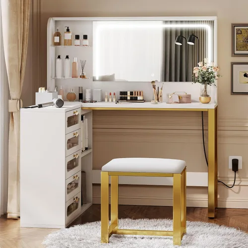 Vista 6 de YITAHOME Juego de escritorio de tocador, tocador de maquillaje con espejo y luces, 3 modos de iluminación, tocador grande de 48 pulgadas con 5