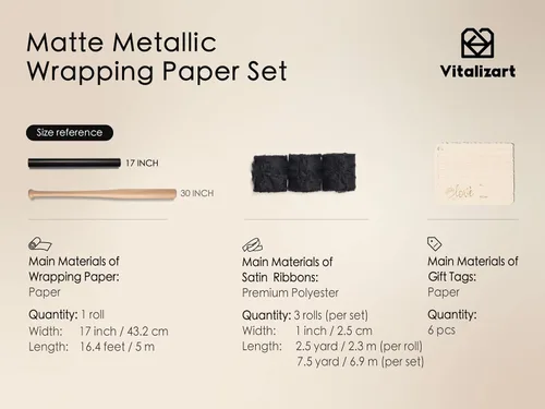 Vista 2 de Vitalizart Juego de papel de regalo metálico negro mate de 17 pulgadas con cinta de satén de seda y etiquetas de regalo, envoltura de regalos