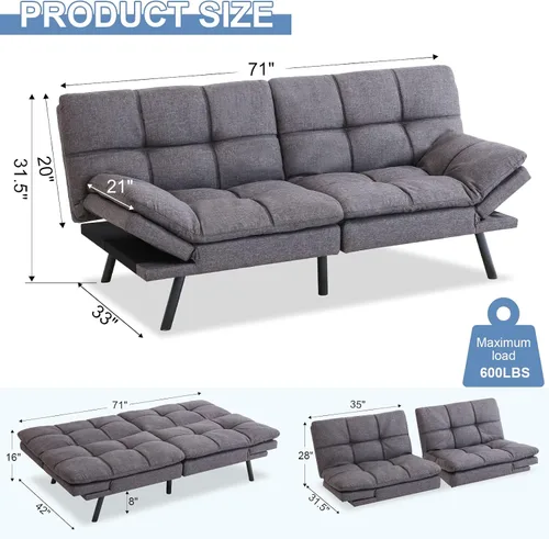 Vista 2 de MUUEGM Sofá cama tipo futón convertible, sofá biplaza moderno de espuma viscoelástica, sofá pequeño con reposabrazos ajustables, respaldos para sala