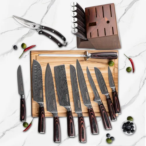 Vista 2 de Juego de cuchillos Master Chef de 17 piezas con bloque de acero de Damasco y madera de acacia Cuchillos de cocina de acero de Damasco con bloque