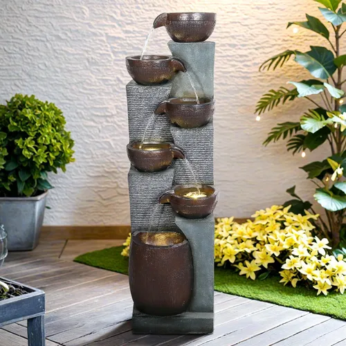 Vista 11 de Fuente de agua para exteriores de 6 niveles de 56.6 pulgadas de alto con luces LED, tarros en cascada con diseño inspirado en tribales para jardín