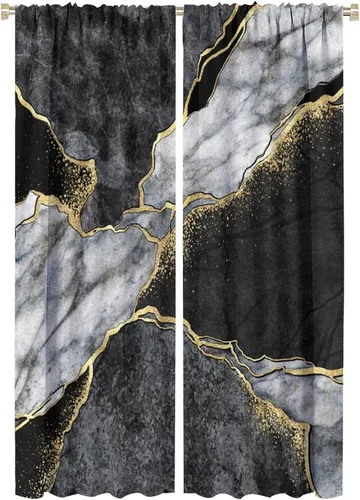 Vista 32 de Cortinas abstractas de mármol de lujo de lujo azul marino dorado a rayas con patrón de mármol estampado para dormitorio, sala de estar, cortinas