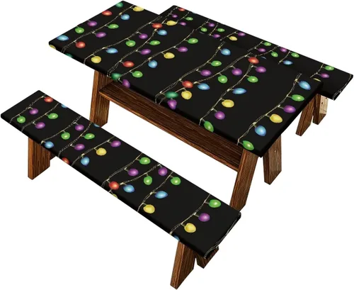 Vista 41 de Juego de 3 calcetines de árbol de Navidad de dibujos animados y galletas, funda de mesa de picnic ajustable con funda de banco, manteles Calcetines