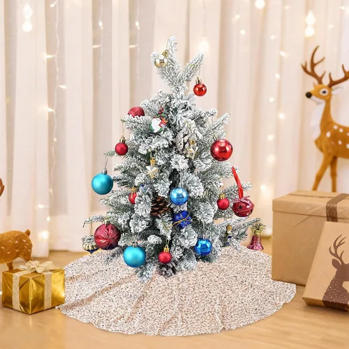 Vista 2 de Faldón para árbol de Navidad dorado champán de 24 pulgadas, redondo, mini, con lentejuelas, para decoraciones de vacaciones, faldón para árbol