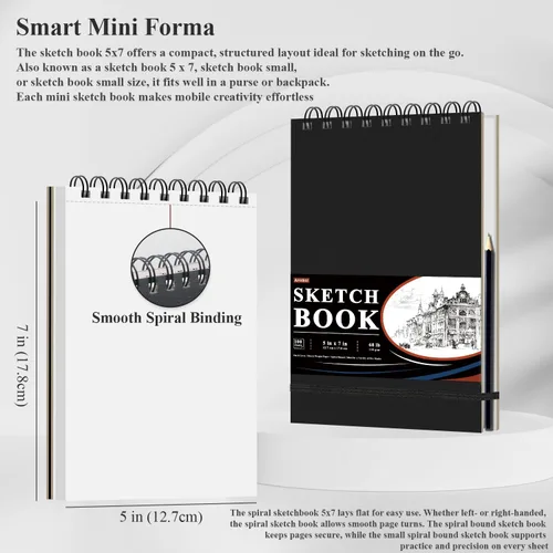 Vista 2 de Ankkol Cuaderno de bocetos con espiral 5x7, pequeño bloc de dibujo con tapa dura - 100 hojas, papel para bloc de dibujo mini de 68 lb/100 g/m²