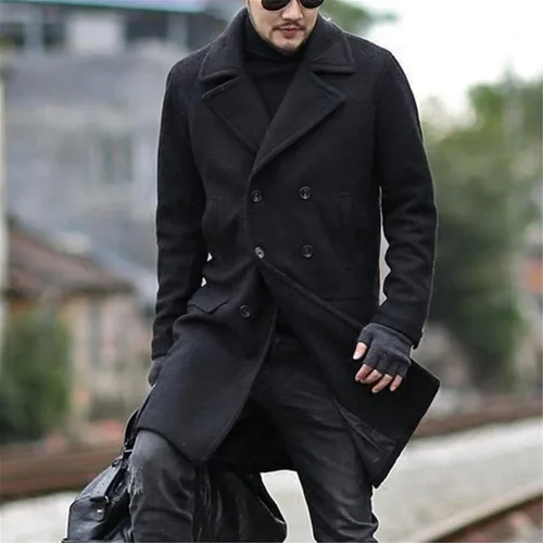 Vista 4 de Men's Winter Coat Jacket Fashion Handsome Long Wool Overcoats Comfortable Warm Soft Coat Mens Sweaters Distressed