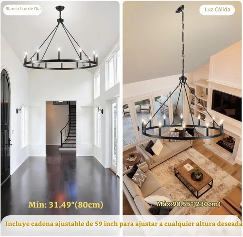 Vista 7 de Candelabro de Rueda de Carro Negro de 38 pulgadas, Candelabros de Rueda de Carro Estilo Granja de 12 Luces Redondo Industrial de Techo Rústico