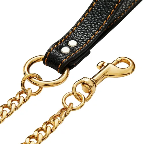 Vista 7 de Correa de perro de cadena de oro de acero inoxidable fuerte, con mango de cuero, correa de cadena de eslabones NK chapada en oro de 18 quilates