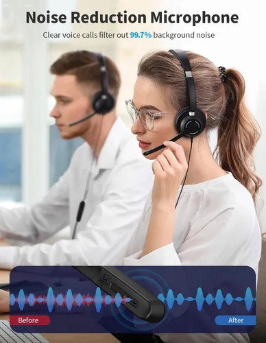 Vista 3 de Auriculares con cable con micrófono para PC, computadora portátil, auriculares USB con micrófono de cancelación de ruido, control en línea