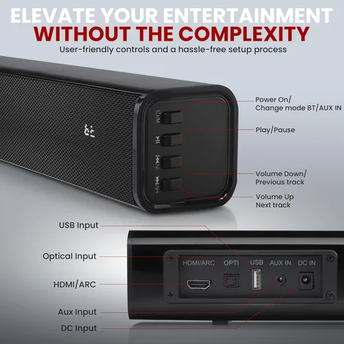Vista 2 de Pyle Barra de sonido BT inalámbrica Wave Base - Sistema de sonido compacto de cine en casa de mesa con AUX, graves extendidos, estéreo de rango