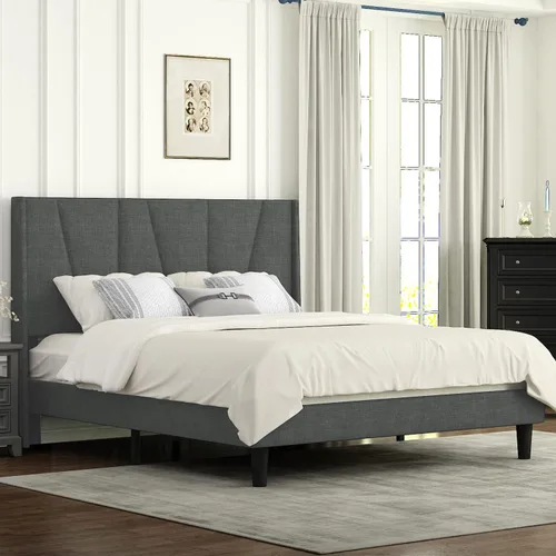 Vista 8 de IMUsee Base de cama tamaño King con cabecera geométrica con respaldo de alas, plataforma tapizada con soporte de listones de madera, no necesita