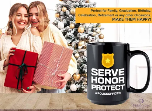 Vista 6 de Taza de café Policeman de 15 onzas, color negro, servir. Honor. Protege, suministros para fiestas de policía, agente de policía, policía
