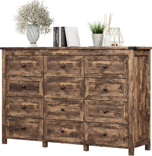 Vista 23 de Xixini - Cómoda para dormitorio con 5 cajones, cómoda alta de madera, organizador moderno de ropa estilo granja, gabinete de almacenamiento con asas