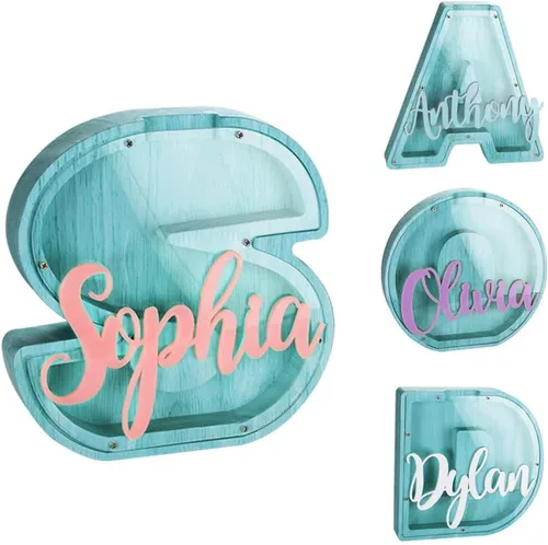 Vista 4 de Alcancía de madera personalizada para niños, alcancía personalizada para niñas, niños, caja de ahorro de dinero con 20 colores de fuente, nombre